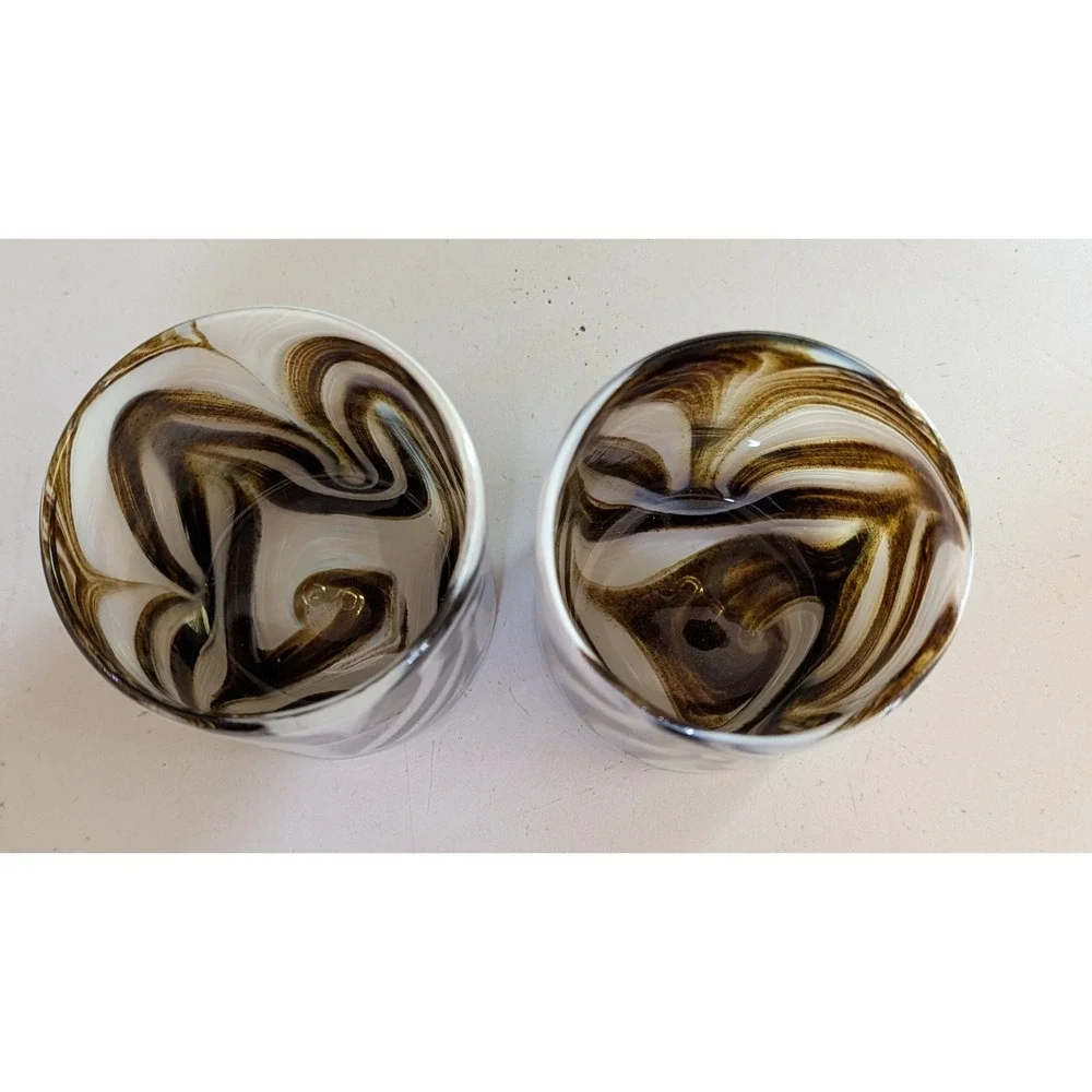 Vintage DB Hand Blown Art Glass Tumblers Brown White Swirl Marbled Glasses Set 2